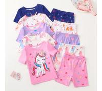 [5 Set Casuali, 3 Set Inviati] Pigiama aderente per bambine, set di top a maniche corte e pantaloncini per primavera/estate, design a cartoni animati di unicorni e dolci, tessuto morbido e confortevol