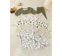 [5 Set Invio Casuale 2 Set] Pigiama a 2 pezzi in maglia elastica a maniche corte e pantaloni per bambini piccoli, con stampe di dinosauri e animali del mondo, a righe classiche e verde tinta unita, ad