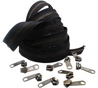 #5 YKK - Catena con cerniera continua in ottone anticato, 10 pezzi #5 senza chiusura a strappo lungo per 5 metri - Colore nero - Scegli la lunghezza - Made in United States (10 metri e 20 cursori)