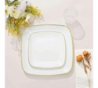50/25/10/5/1 pezzi Piatti quadrati bianchi con bordo, set di stoviglie con bordo dorato premium e design arrotondato, vassoi da portata da 10,25" e 7,5", piatti da dessert, piatti da insalata, adatti