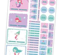 50 adesivi con nome a scelta, set di adesivi personalizzati con nome per bambini, scritta per scuola, asilo, abbigliamento impermeabile (11 sirene)
