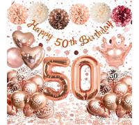 50 Anni Compleanno Donna,Palloncini 50 Anni Compleanno Oro Rosa, Decorazioni Compleanno 50 Anni con Palloncini Cuori e Corone, Striscione Happy 50th Birthday, Pompon di Carta, Decorazioni Festa Donna
