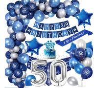 50 Anni Palloncini Compleanno Uomo, Royal Blu Argento Compleanno Festa Decorazioni con Happy Birthday Banner Cake Topper Tovaglia Birthday Sash 50 Compleanno Decorazioni Festa