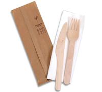 50 Bis posate in legno Ecowood 16cm imbustate con tovagliolo
