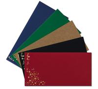 50 buste con stelle metalliche, formato DIN lungo, con chiusura adesiva, set 1, buste in rosso, nero, verde, blu e carta kraft, con stelle in oro