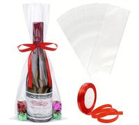 50 Buste in cellophane trasparente, 6x18 pollici, Buste per bottiglie di vino in plastica con nastro rosso, perfette per confezioni regalo di Natale, Ognissanti, Ringraziamento e Capodanno, ideali per