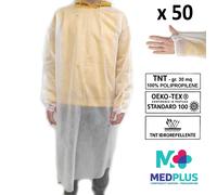 50 CAMICI MONOUSO TESSUTO NON T. (TNT) USO CIVILE SICUREZZA SUL LAVORO GREMBIULE