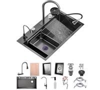 50 Cm Di Larghezza Nero Grande Cascata Lavello Cucina Acciaio Inox Set, Lavello Multifunzione1 Vasca Con Cascataterraneo Rubinetto, Lavandino Esterno Con Gocciolatoio E Vari Accessor(Black-Grey B,70x5