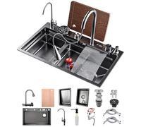 50 Cm Di Larghezza Nero Grande Cascata Lavello Cucina Acciaio Inox Set, Lavello Multifunzione1 Vasca Con Cascataterraneo Rubinetto, Lavandino Esterno Con Gocciolatoio E Vari Accessor(Black-Grey A,75x5