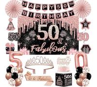50° compleanno decorazioni per donne, 32 pezzi 50° compleanno kit per feste tra cui sfondo, corona, sash, vortici appesi torte, palloncini, biglietti di anniversario e ventilatori di carta