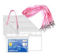 50 cordini rosa per collo con 50 porta carte, porta carte d'identità in plastica trasparente e cordino, orizzontali, sigillabili, impermeabili, porta badge con cordino per carte d'identità, ufficio,