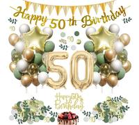 50 decorazioni di compleanno da donna, colore verde salvia 50° compleanno, decorazione uomo, verde bianco oro, set di palloncini con numero XXL 50, striscioni Happy Birthday, bandiere, decorazioni per