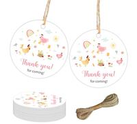 50 etichette di ringraziamento con pollo, decorazioni per feste di pollo, simpatiche bomboniere con animali da fattoria, con cordino, rotonde grazie per essere venute, etichette regalo per ragazzi e