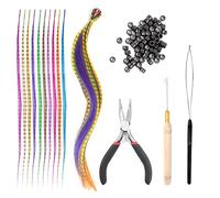50 extension per capelli in piume sintetiche colorate; con pinze in ferro, gancio e anello, 100 pezzi di anelli in silicone, uncinetto; set di extension per capelli sintetici per donne, ragazze
