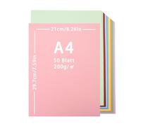 50 fogli di cartone colorato, 200 g/m², cartoncini colorati a4，carta colorata a4,formato A4, 10 colori, 21 x 29,7 cm, per fai da te, decorazioni creative