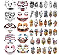 50 Fogli Tatuaggio Temporaneo Halloween Famiglia Set Giorno dei Morti Zucca Fantasma per Donne Finto Teschio Morte Tatuaggi Scheletro Floreale per Uomo Ragazzo e Ragazza, Kit Tatuaggio Trucco Zombie