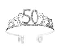 50 Geburtstag Krone Diadem Tiara mit Haarkamm Kristall Strass Silber Geburtstagsgeschenk zum 50 Jahre für Frauen Prinzessin Party Supplies und Dekorationen mit Kristall Silber