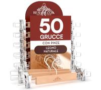 50 Grucce Appendiabiti con Pinze per Gonne Jeans Pantaloni in Legno Naturale 13x33cm - RealGruccia Gancio Girevole 360° in Metallo Resistente Clips Regolabili Salvaspazio e Robuste - Finitura Lucida