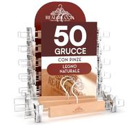 50 Grucce Appendiabiti con Pinze per Pantaloni Jeans Gonne in Legno Naturale 13x33cm - RealGruccia Clips Regolabili Salvaspazio Robuste con Gancio Girevole 360° in Metallo Resistente - Finitura Lucida