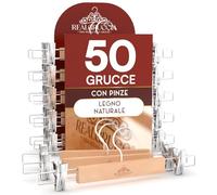 50 Grucce Appendiabiti con Pinze per Pantaloni Jeans Gonne in Legno Naturale 13x33cm - RealGruccia Finitura Lucida - Gancio Girevole 360° in Metallo Resistente Clips Regolabili Salvaspazio e Robuste