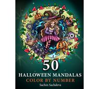 50 Halloween Mandalas: Color by Number Coloring Book for Adults features spooky mandalas of pumpkins, ghosts, sugar skulls, witches, haunted house and many more for stress relief and relaxation