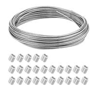 50 m, 2 mm, cavo in acciaio inox 316, cavo lungo per aeromobili, con 25 pezzi, manicotti di crimpatura in alluminio, 7 x 7, corda in acciaio per esterni, giardino o lavori di bricolage