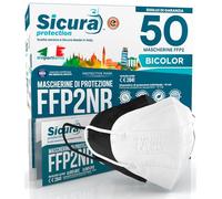50 Mascherine FFP2 Certificate CE Nere e bianche Made in Italy logo SICURA impresso BFE ≥99% Mascherina ffp2 italiana SANIFICATA e sigillata. Pluri certificata contiene 25 Nere + 25 Bianche