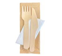 50 o 500 Set Bis Posate LEGNO Forchetta Coltello con Tovagliolo Monouso