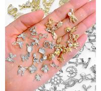 50 Pcs Ciondoli per Unghie in Lega di Perle, Lucidi 3D con Strass a Farfalla - Accessori per Nail Art Fai da Te per Ragazze e Donne (Oro + Argento)