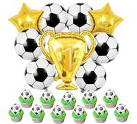 50 PCS Decorazioni Torta Calcio + 9 PCS Palloncini da Calcio,Decorazione per Compleanno,Carta da Pranzo,Decorazione per Torte e Palloncini in Pellicola,Trofeo a Elio per Ragazzi