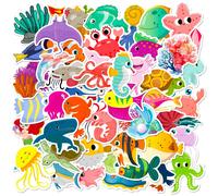 50 pezzi Adesivi a tema oceanico, serie mondo sottomarino con design cartoni animati graffiti, adatti per borracce, laptop, bagagli, auto, chitarre e altro decoro, include motivi di stelle marine e me