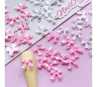 50 pezzi di charm per unghie in resina 3D a forma di fiocco perlaceo e lucido, decorazioni per arte di unghie con fiocchi misti rosa e bianchi, ornamenti kawaii con perle e nastro lucido per manicure 