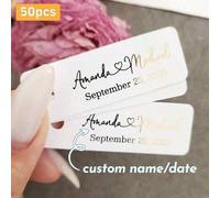 50 pezzi Etichette personalizzate per matrimonio, Etichette con nome personalizzate per matrimonio, Etichette rettangolari, Personalizzabili in foglia d'oro, foglia d'argento, testo nero, Amore eterno