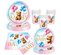 50 Pezzi Gender Reveal Decorations Piatto di Carta Orso Set, Rosa Blu Teddy Bear Piatti Tovaglioli Tazze Gender Reveal Party Tableware per 10 Ospiti ,per Boy or Girl Gender Reveal Party Baby Shower