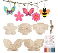 50 Pezzi Kit di Fai-da-Te per Bambini Farfalla Ape e Fiori in Legno da Dipingere con Penne Colorate e Adesivi di Pietre Lavoretti Appendere Creativi per Bambini 3-10 Anni Regalo Compleanno e Natale
