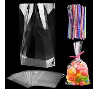 50 Pezzi Sacchetti Trasparenti 10 x 15 cm Sacchetti di Cellophane con 50 Pezzi Cravatte Colorate Buste Sacchetti Trasparenti Sacchetti Regalo per Prodotti da Forno Popcorn Caramelle Sapone
