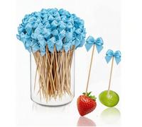 50 pezzi Spiedini di bambù con fiocco blu, stuzzicadenti di bambù eleganti con fiocco, adatti per antipasti, bevande, feste di compleanno, addii al celibato, addii al nubilato e decorazioni per feste 
