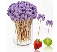 50 pezzi Spiedini di bambù viola con fiocco, eleganti stuzzicadenti di bambù con fiocco, adatti per antipasti, bevande, feste di compleanno, addii al celibato, addii al nubilato e decorazioni per fest