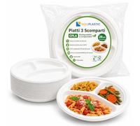 50 Piatti Compostabili a 3 Scomparti da 26 cm Bianchi - RESISTENTI anche con CIBI CALDI - RIUTILIZZABILI - in Fibra Vegetale - Idonei per Microonde e Forno - per Catering, Mense, Feste e Banchetti