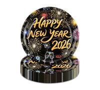 50 piatti di carta usa e getta per Capodanno, 2026, con stampa "Happy New Year", piatti da dessert per vacanze, fuochi d'artificio, decorazioni per la tavola, set di stoviglie per feste di Natale
