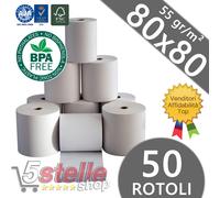 50 ROTOLI TERMICI 80x80 FORO 12 Ø75 MM OMOLOGATI CASSA CARTA TERMICA BPA FREE