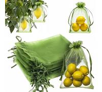50 sacchetti di protezione per frutta, 15 x 9,9 cm, copertura in rete verde con coulisse, in organza, copertura a rete da giardino, barriera contro i parassiti, per alberi da frutto, verdura, fiori