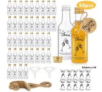 50 set di mini bottiglie di liquore per feste, bottiglie di plastica trasparenti da 1,76 oz/60 ml per succhi, bottiglie di plastica mini vuote con adesivi con il messaggio "Brindisi" e imbuti, adatte 