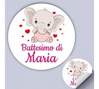 50 Tag Adesivi personalizzati per nascita, battesimo, compleanno, PERSONALIZZALO QUI con nome, frase, data, etichette adesive per inviti, scatolini, sacchetti, bomboniere,(Elefantino Bambina)