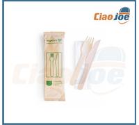 50 Tris/Bis posate legno Biodegradabili forchetta+coltello+cucchiaio+tovagliolo