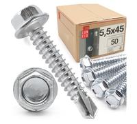 50 viti di foratura 5,5 x 45 mm con testa esagonale DIN 7504K in acciaio zincato con punta per lamiera trapezoidale e lamiere metalliche