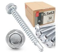 50 viti di foratura 5,5 x 63 mm con testa esagonale DIN 7504K in acciaio zincato con punta per lamiera trapezoidale e lamiere metalliche