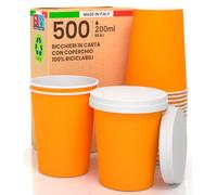 500 Bicchieri Caffè ASPORTO in Carta Arancione 200ml con COPERCHIO in Carta Bevande Calde e Fredde Tè Infusi Acqua Ecologici Biodegradabili Tazze Monouso Colorate + 500 Coperchi in Carta con Beccuccio