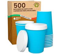 500 Bicchieri Caffè ASPORTO in Carta Azzurro 200ml con COPERCHIO Bevande Calde e Fredde Ecologici Biodegradabili Tazze Monouso Colorate + 500 Coperchi in Carta con Beccuccio