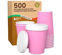 500 Bicchieri Caffè Asporto Rosa 200ml con Coperchio in Carta - Bevande Calde e Fredde, Tè, Cappuccino - Ecologici, Biodegradabili, Tazze Monouso Colorate + 500 Coperchi con Beccuccio